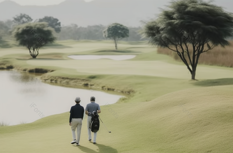 一名亚洲华人男子带着十几岁的儿子往高尔夫球场走去户外摄影,高清,摄影图,摄影图片,图片大全,摄影图免费下载